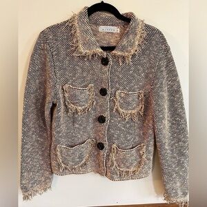 Vintage Willow Black/Cream Button Front Frayed Jacket with Pockets Large